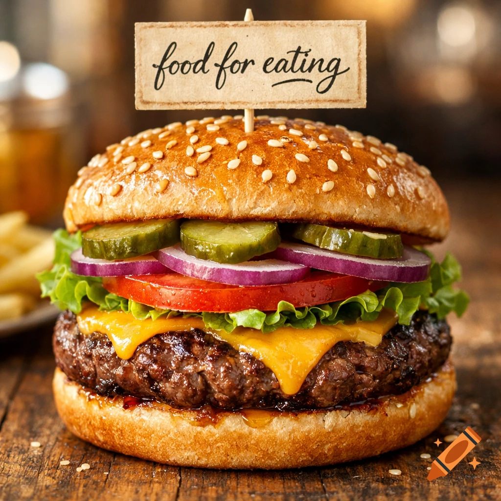 Photorealistic gourmet hamburger with melted cheese, fresh vegetables, and a small sign saying 'food for eating' on a wooden table.