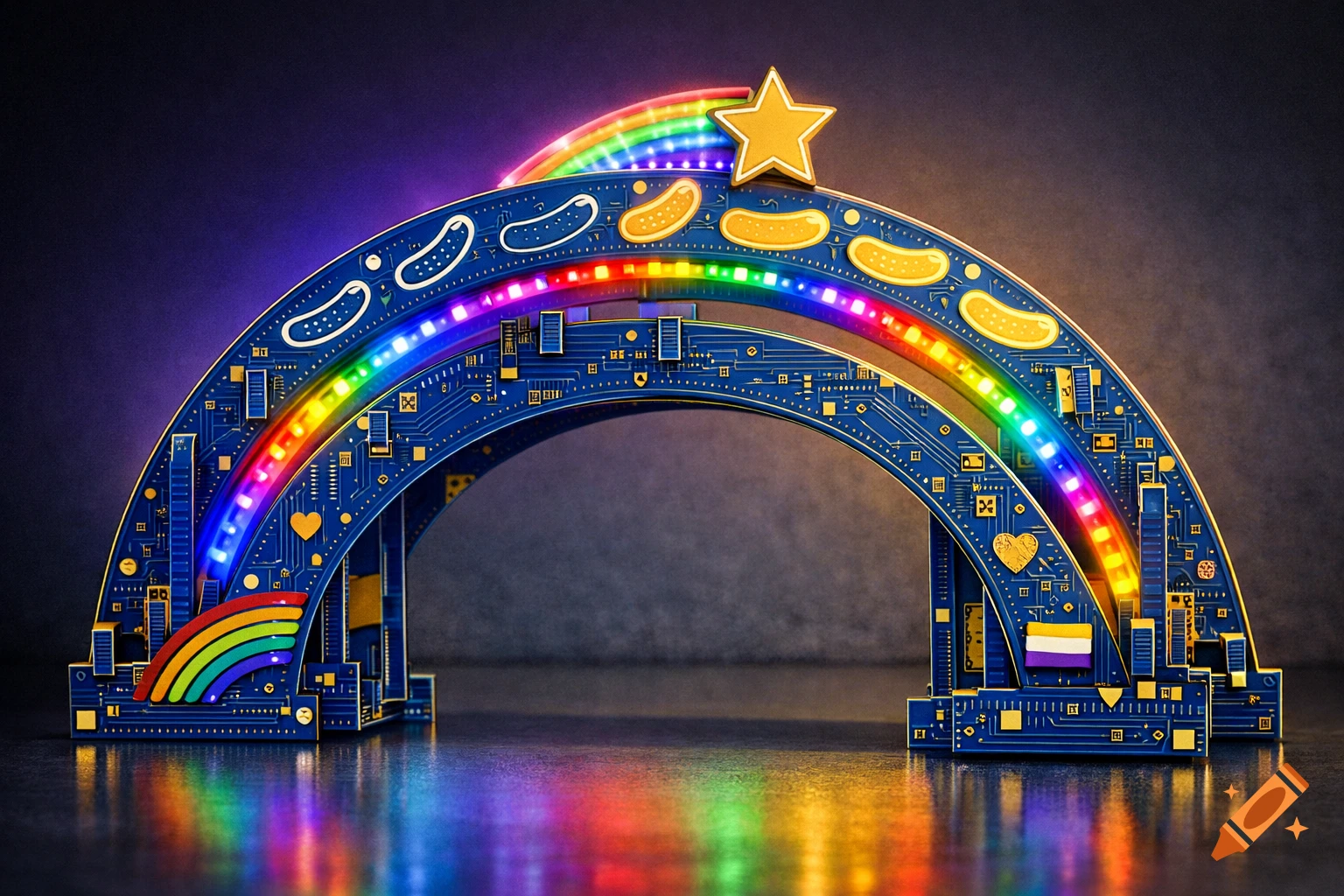 An illuminated arch made of blue circuit boards with gold traces, featuring rainbow LEDs, a star, cucumber shapes, and a non-binary pride flag.