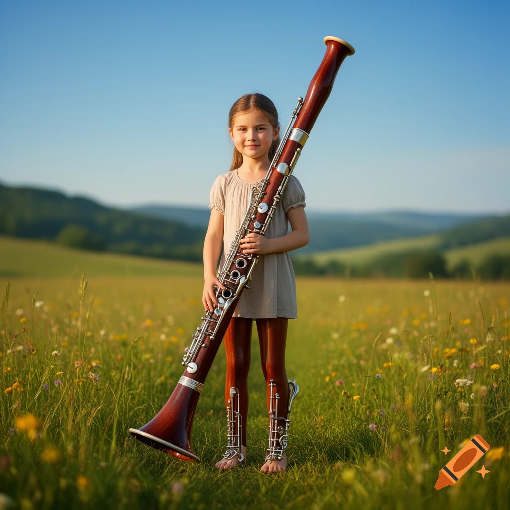 A young girl stands in a sunny, wildflower-filled field, holding an oversized bassoon, with her lower legs visually transforming into parts of the instrument.