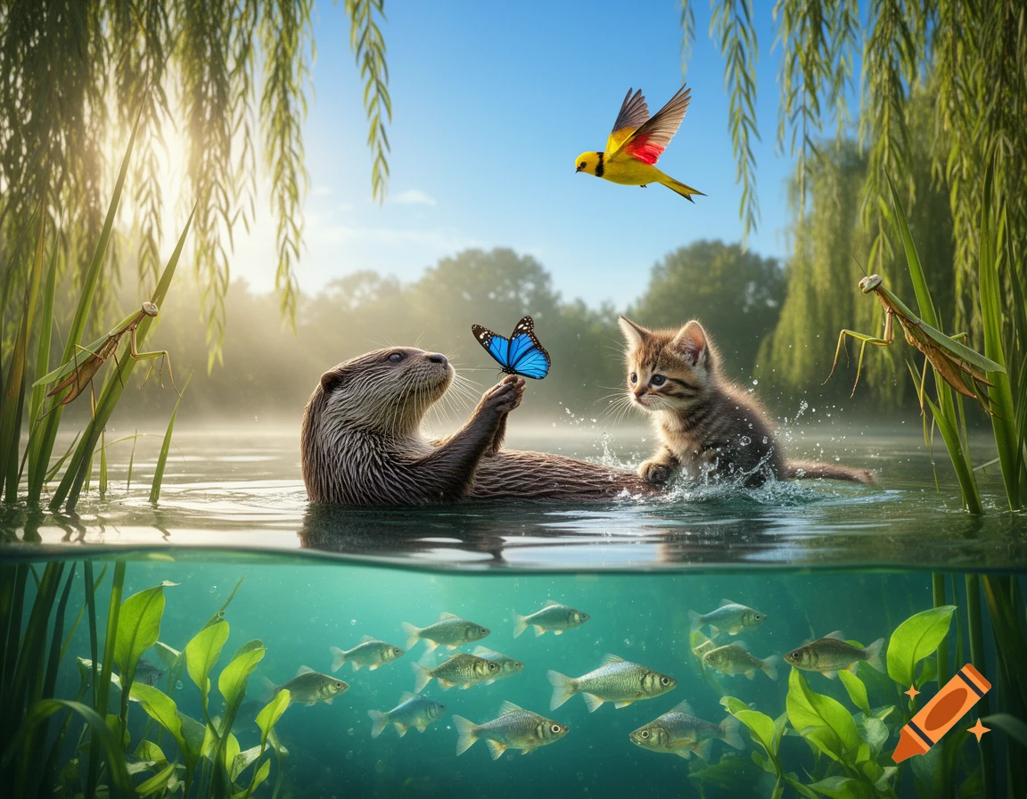 A photorealistic scene showing an otter with a butterfly, a kitten, bird, and mantises in a sunny pond, with fish visible underwater.