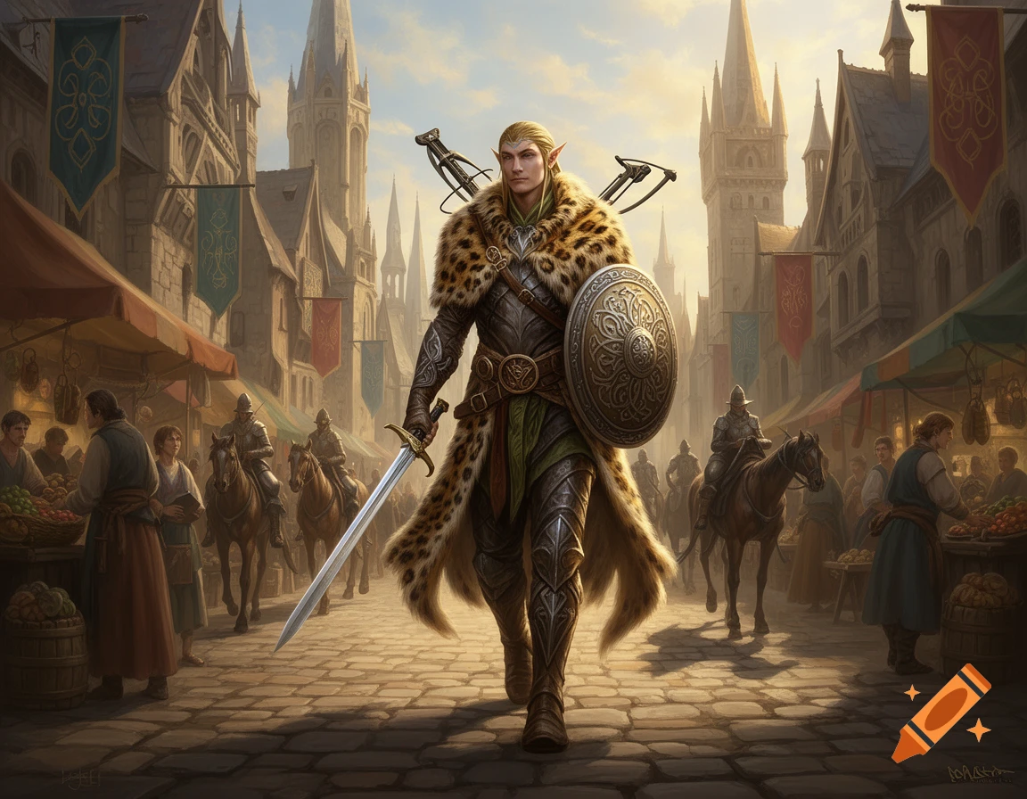 An elven swordmaster in a leopard fur cloak and armor walks through a bustling medieval city market, holding a sword and shield.
