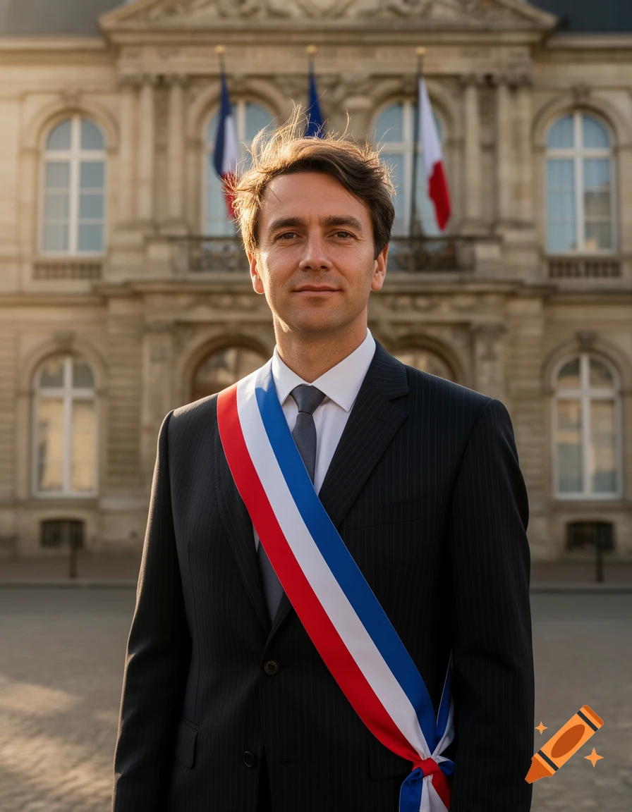 Photorealistic portrait of a man in a suit and French tricolor sash, standing before a classical building with French flags.