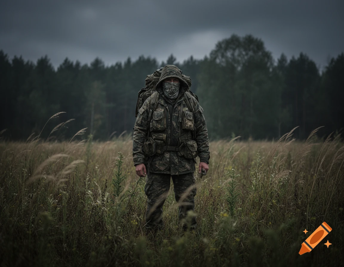 A person in full camouflage and a face mask stands in a tall grassy field under a cloudy sky, with a dark forest in the background.