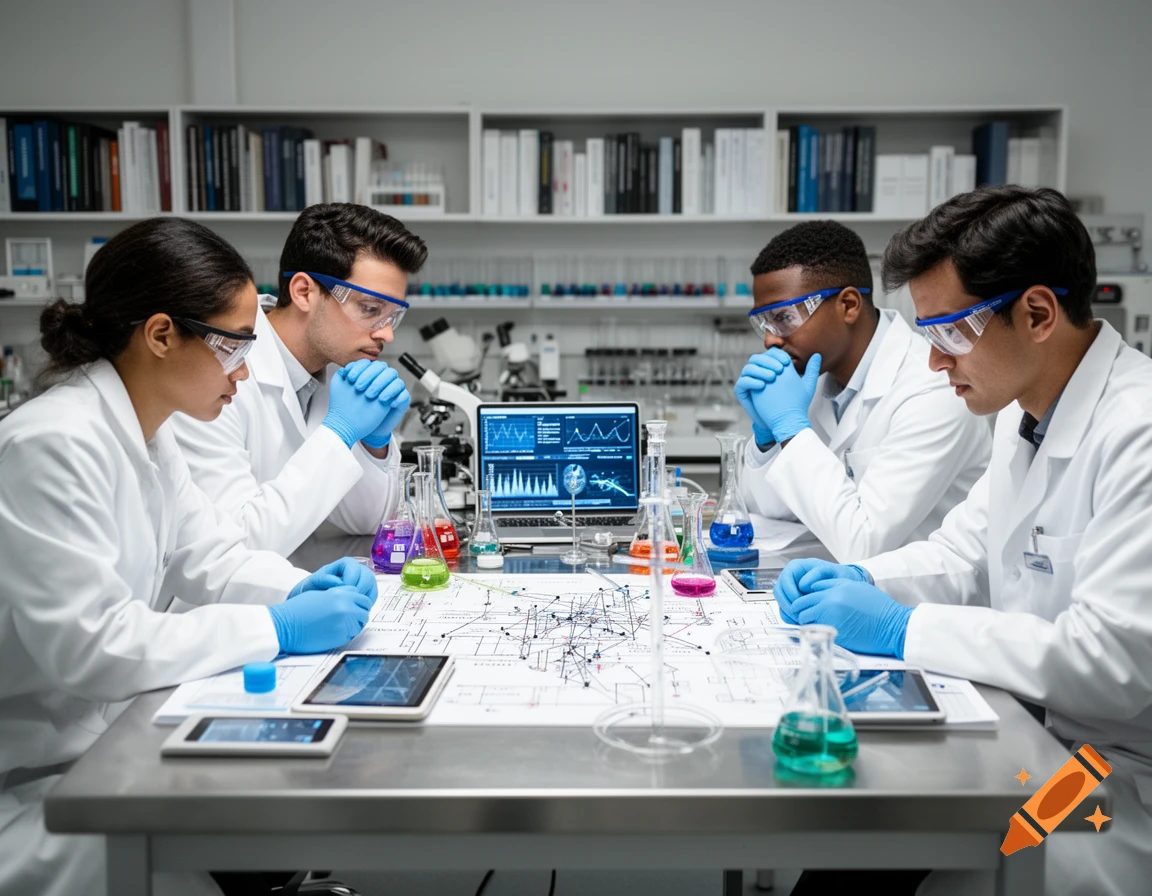 Four diverse scientists in lab coats and safety goggles gather around a table in a laboratory, looking at a laptop with data and schematics on paper, with colorful beakers.