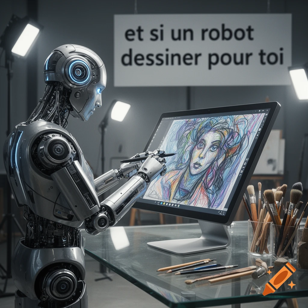 A photorealistic image of a futuristic robot drawing a colorful abstract portrait on a digital tablet in an art studio.