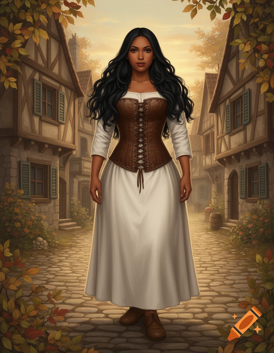 A woman with dark skin and long black hair, wearing a white smock and brown corset, stands in a cobblestone medieval village.