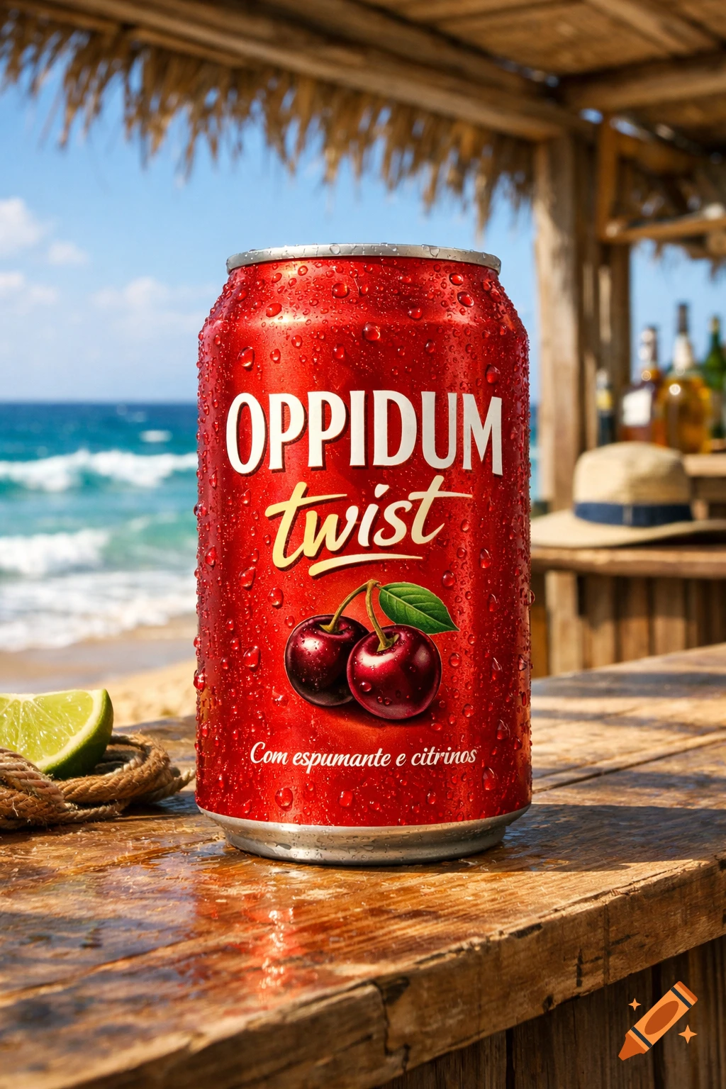 A vibrant red can, labeled OPPIDUM twist with cherries and text, stands covered in water drops on a wooden beach bar counter, with a blurred ocean and sky in the background.
