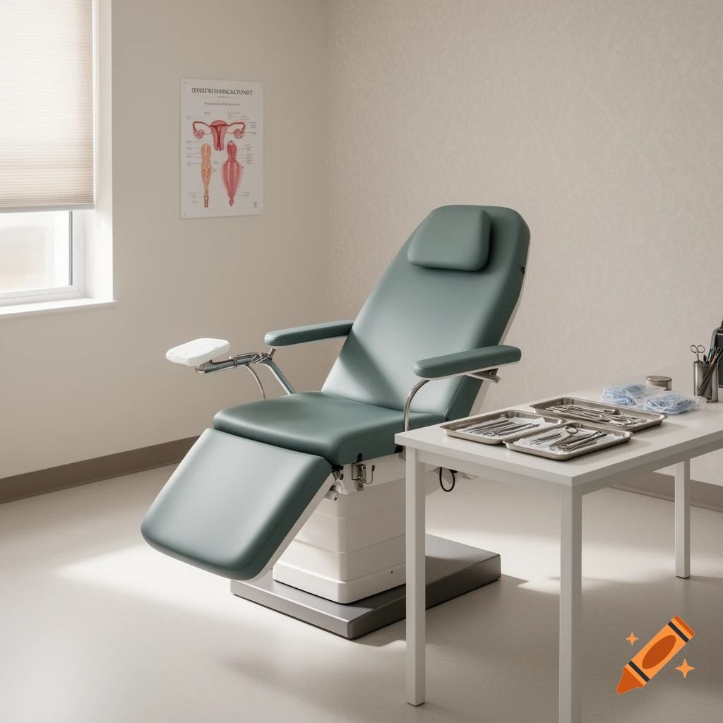 A teal medical examination chair in a clean doctor's office, with a table of instruments and an anatomical poster.