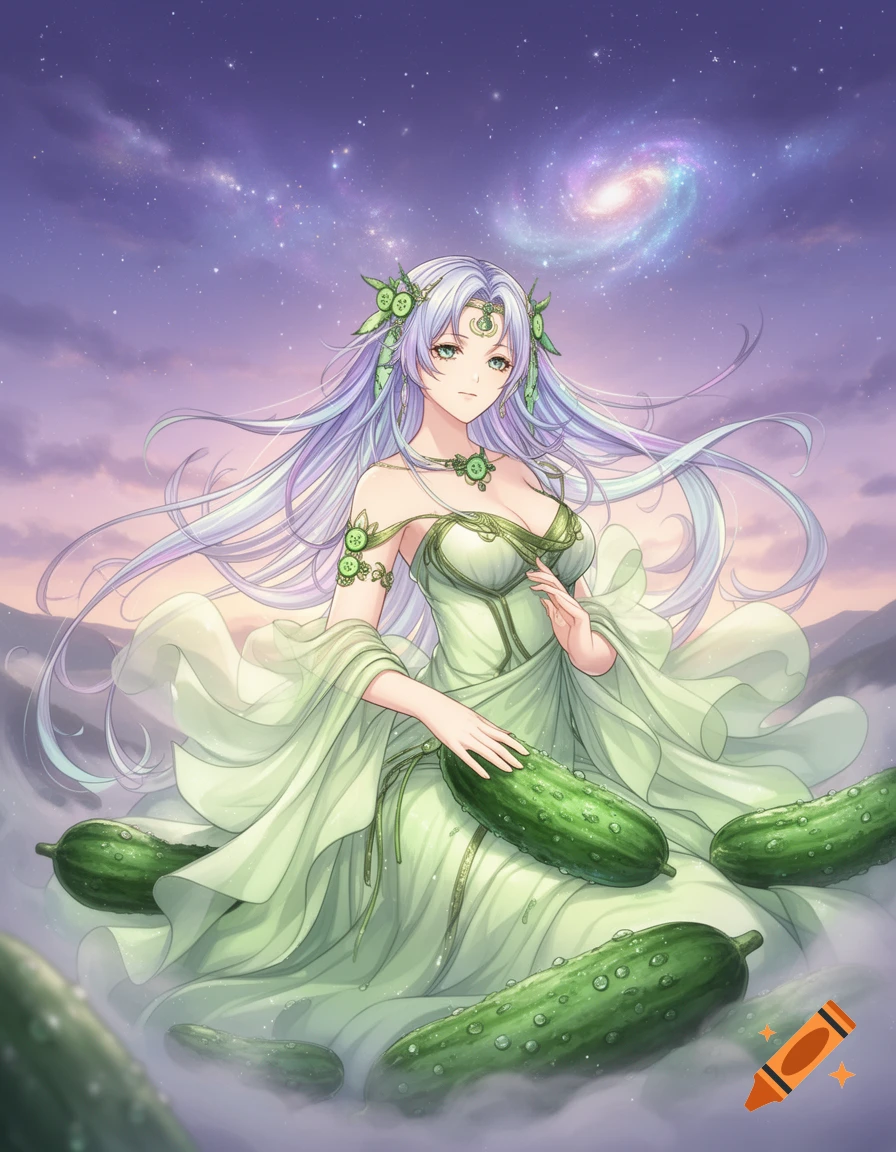 Anime goddess with lavender hair in a green dress, surrounded by large cucumbers, under a cosmic sky with a spiral galaxy.
