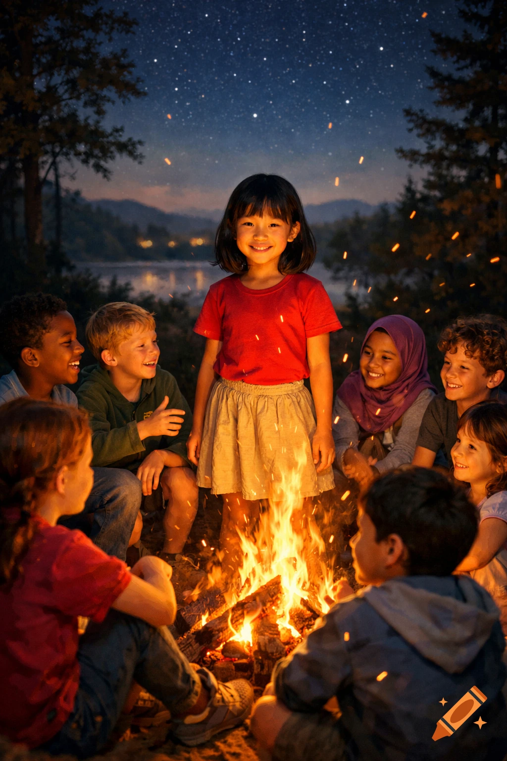 Diverse children smiling around a crackling campfire at night under a starry sky.
