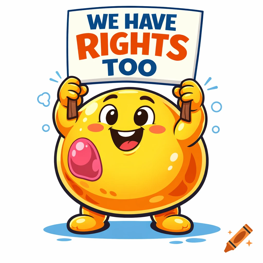 A happy anthropomorphic yellow fat cell holding a protest sign that reads 'WE HAVE RIGHTS TOO' in a vector cartoon style.