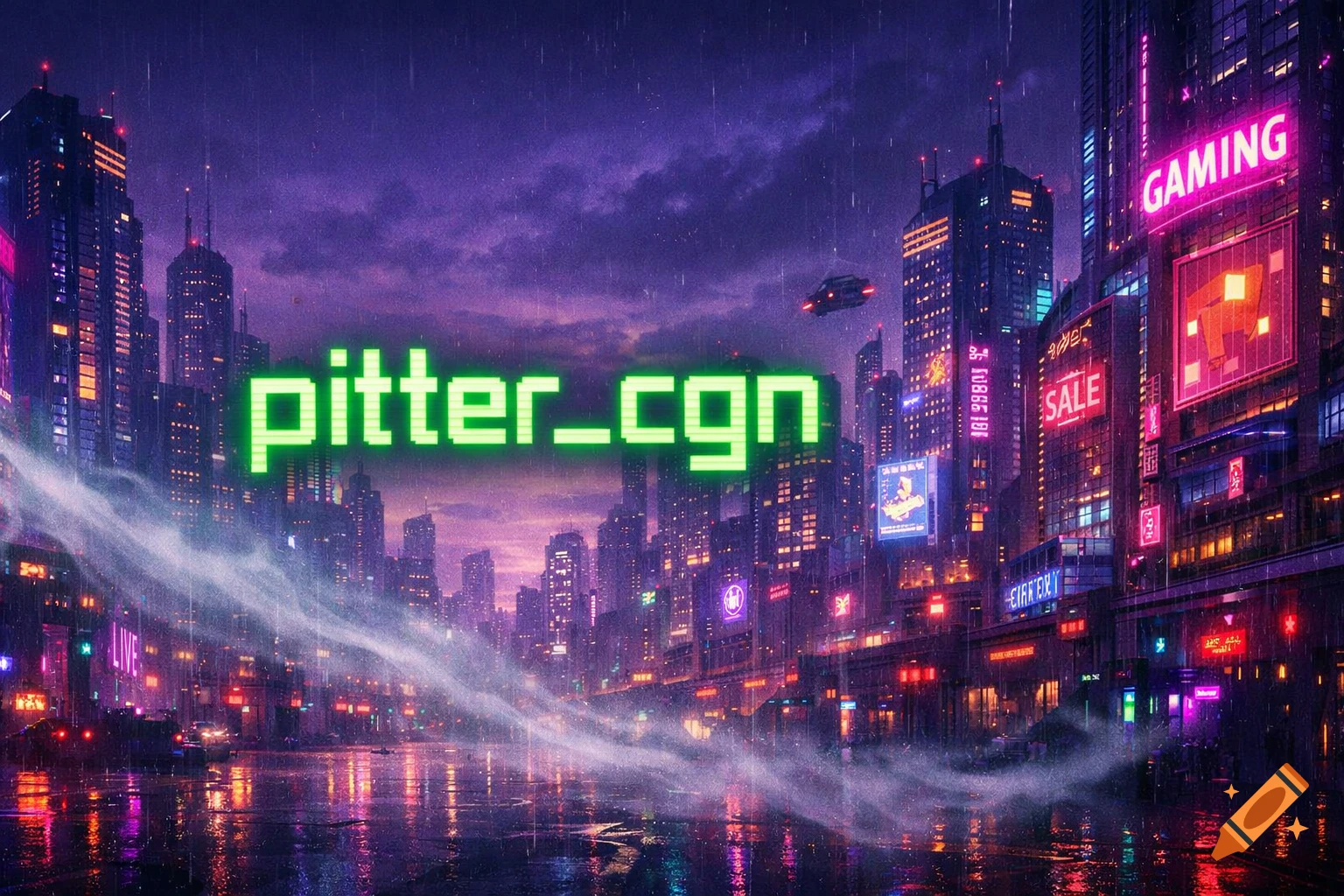 A vibrant cyberpunk city at night with neon-lit skyscrapers, a flying ...