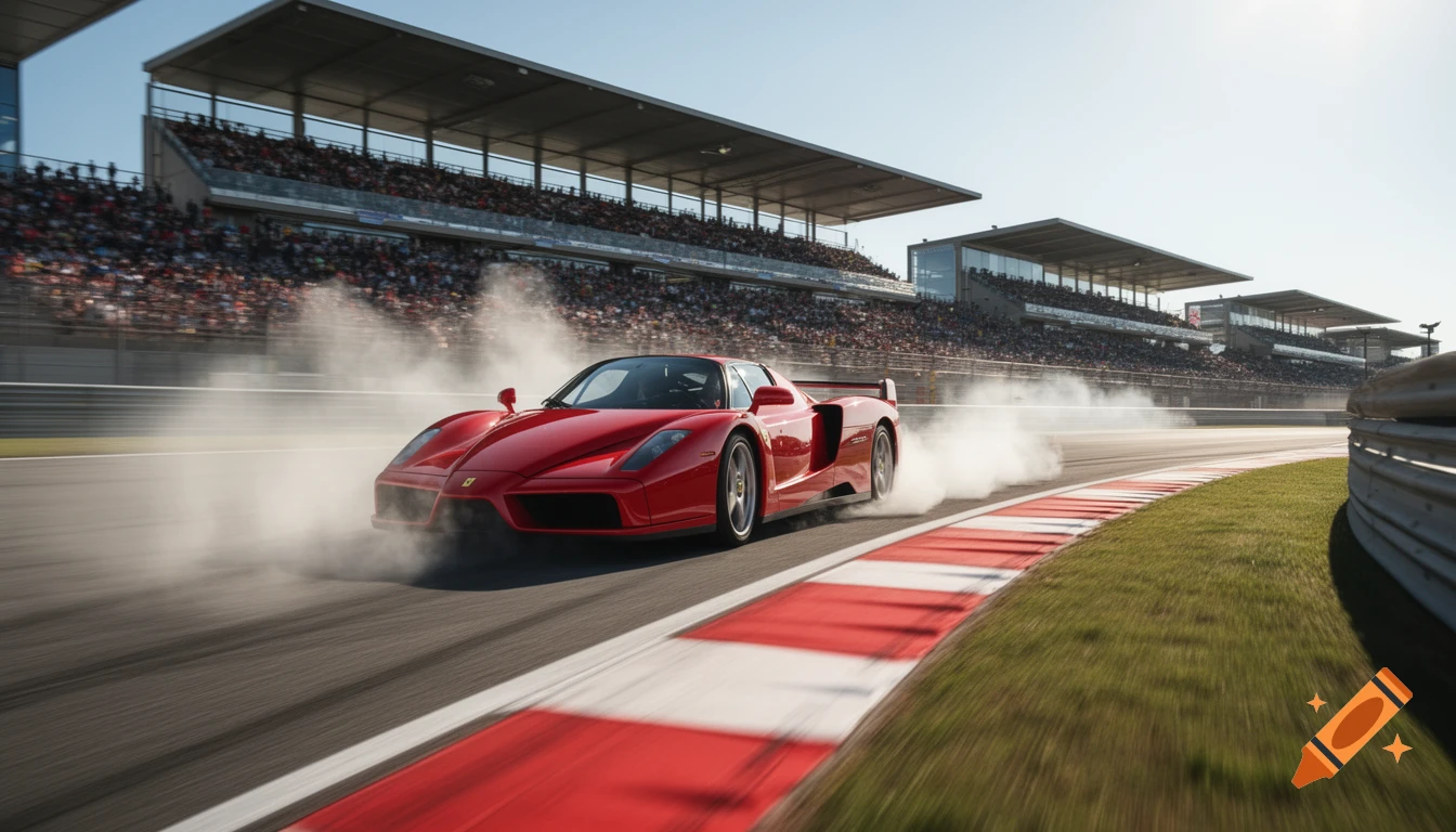 Ultra-realistic red Ferrari Enzo drifting with tire smoke on a racetrack with grandstands full of spectators on a sunny day.