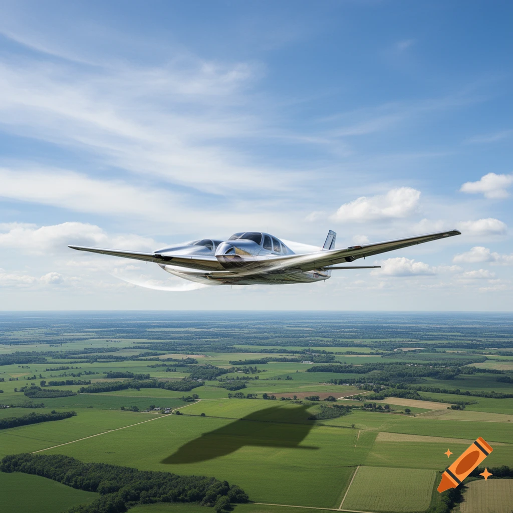 A futuristic-looking silver twin-boom aircraft flies over a vast green agricultural landscape under a blue, cloudy sky.