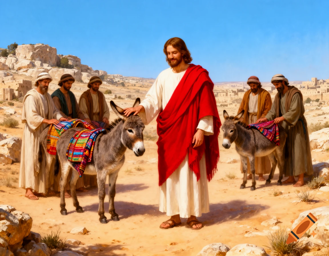 Jesus gently touches a young donkey as disciples prepare another with colorful fabrics, set in a desert landscape with ancient buildings, painted in a classical style.
