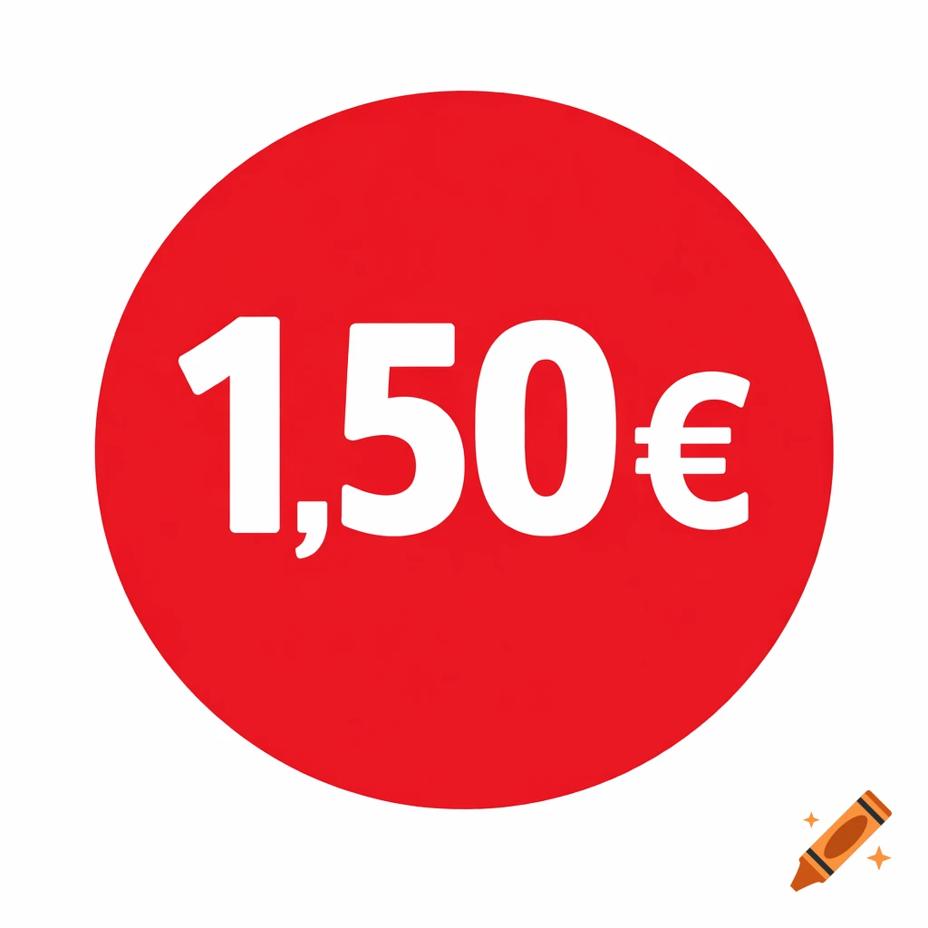 A round red price tag with the white bold text '1,50€' in the center.