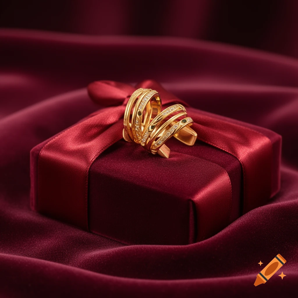 A decorative yellow gold ring with diamonds on a red gift box, resting on a red velvet surface.