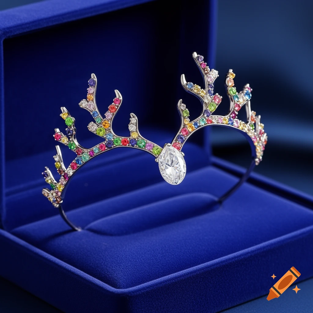 A silver tiara in the shape of deer antlers, adorned with colorful gemstones and a large teardrop diamond, resting in a royal blue velvet box.