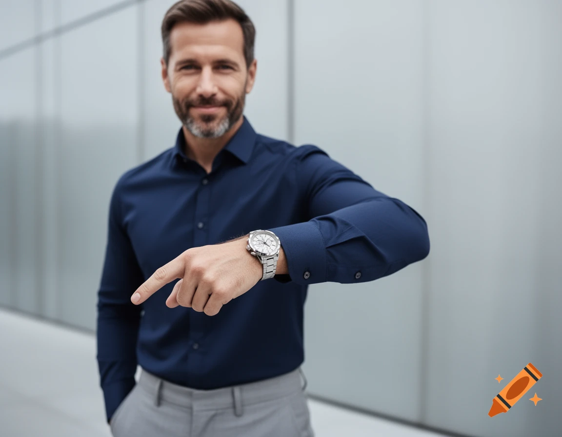 A smiling man in a navy shirt and grey pants points at his silver wristwatch.