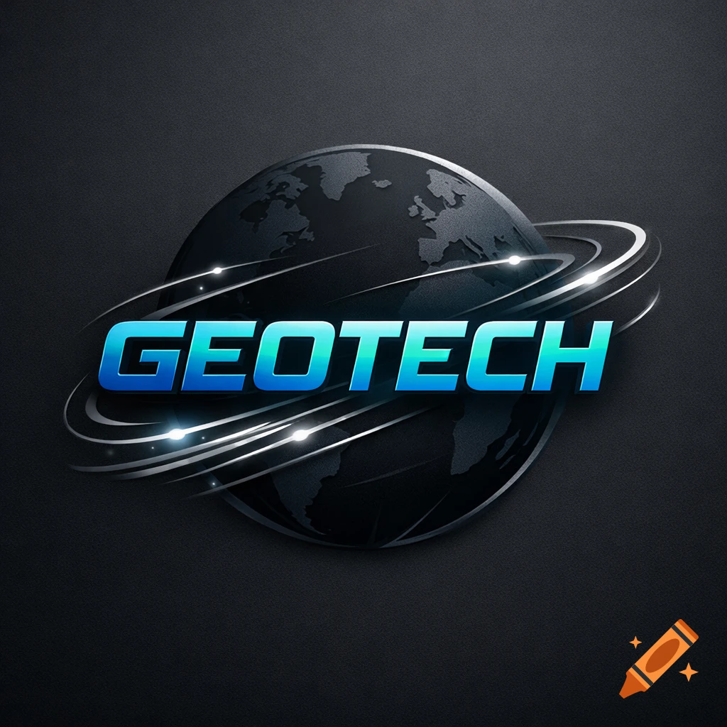 A dark metallic globe with glowing rings orbiting it and the blue text 'GEOTECH' in front, on a dark textured background.