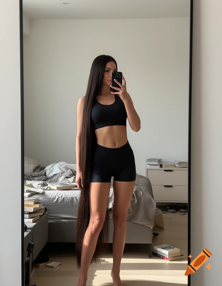 A woman with very long dark hair in a sports bra and shorts takes a mirror selfie in a modern bedroom.