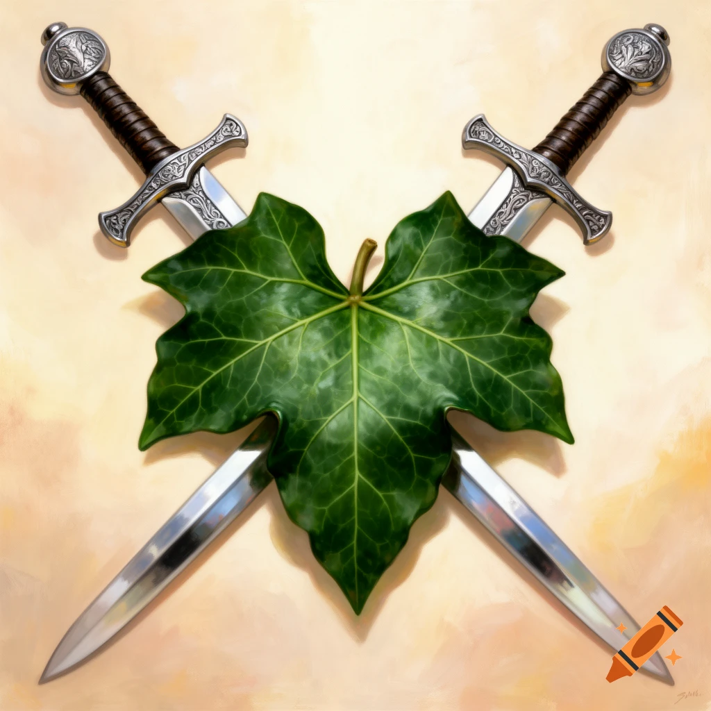 A stylized medieval crest featuring two crossed swords behind a green ivy leaf on a light background.