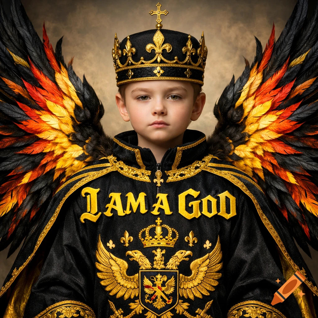 A young boy in a black and gold king's outfit with fiery wings and a crown, with 'I AM A GOD' text on his chest.