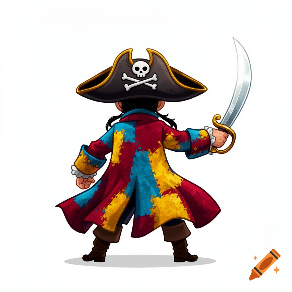 Cartoon pirate from behind, wearing a colorful patchwork coat, pirate hat with skull and crossbones, and holding a sword.