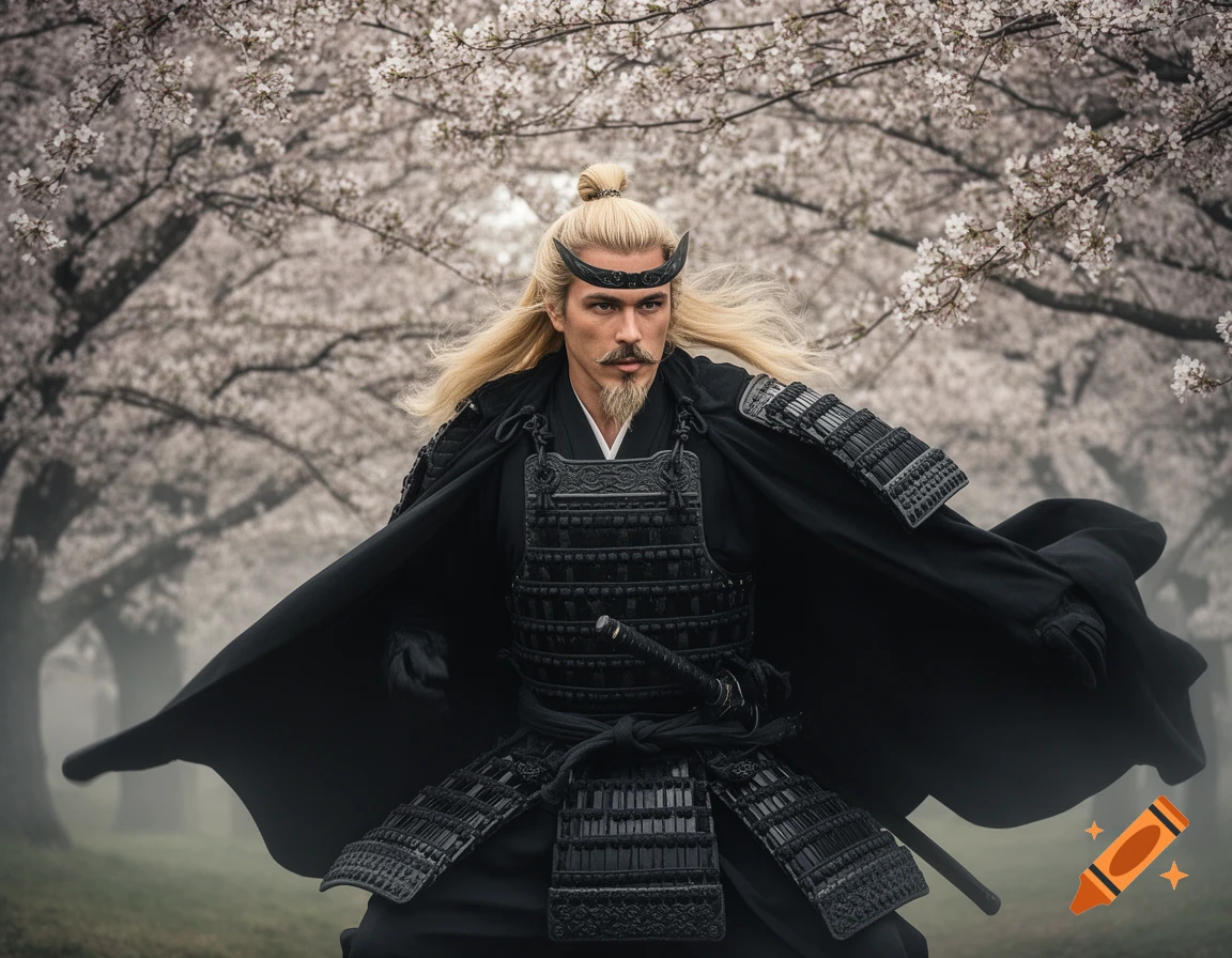 A Caucasian samurai with long blonde hair and a goatee in black armor and a flowing black cloak stands under cherry blossom trees.