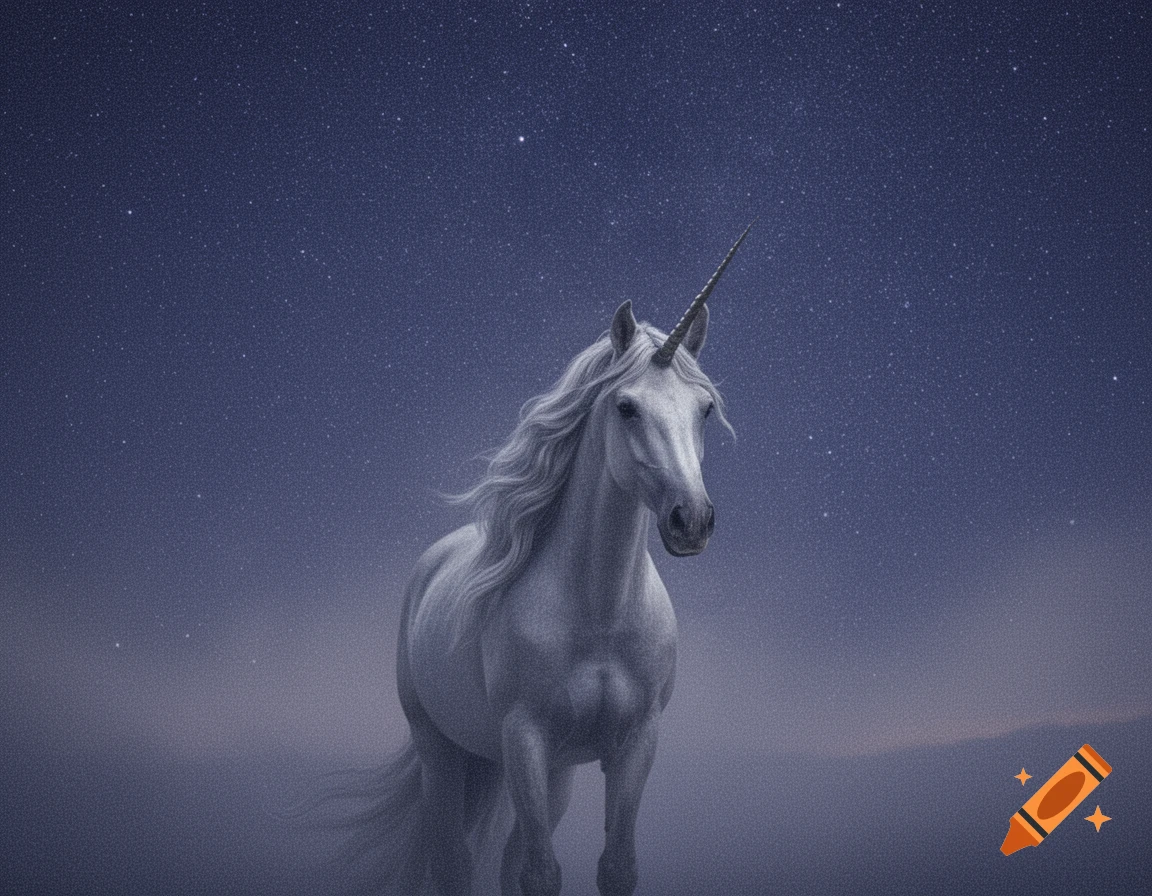 A majestic white unicorn with a flowing mane stands against a grainy, indigo night sky filled with stars.