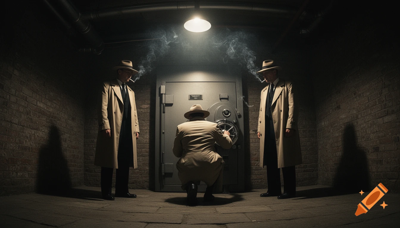 Three trench-coated gangsters in a dark, smoky basement vault, one kneeling to crack a large safe, in a film-noir style.
