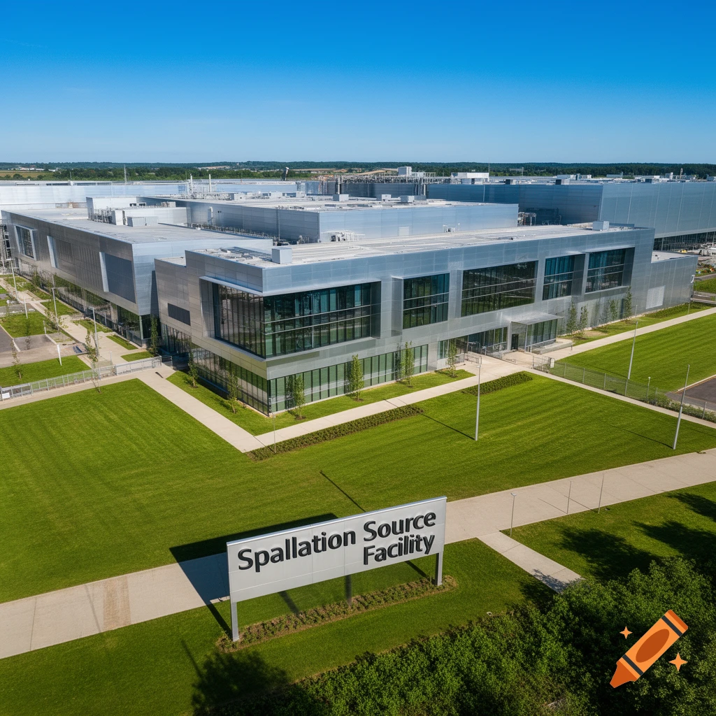 Aerial view of a large, modern 'Spallation Source Facility' building surrounded by green lawns under a clear blue sky.