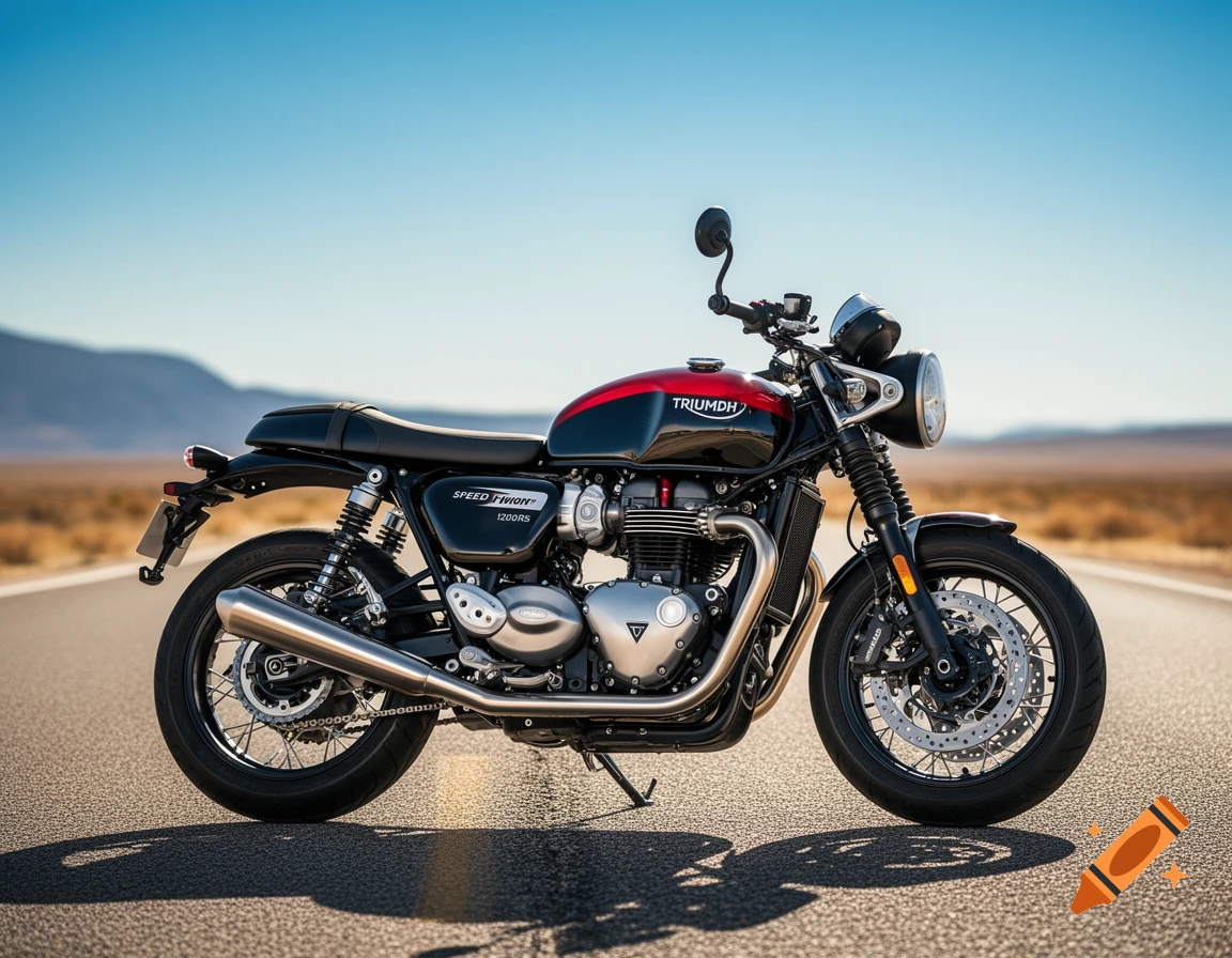 A red and black Triumph Speed Twin 1200RS motorcycle parked on a desert road under a clear blue sky.