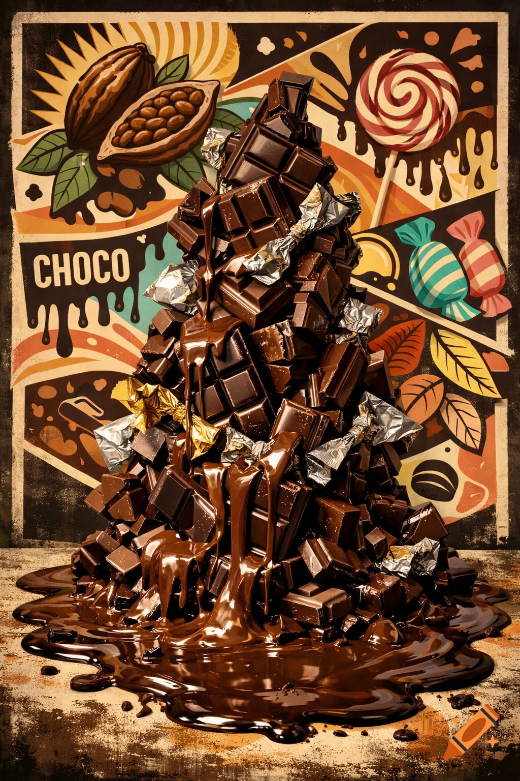 A huge pile of melting chocolate bars on a grunge background with vintage poster art elements like cocoa pods and candies.