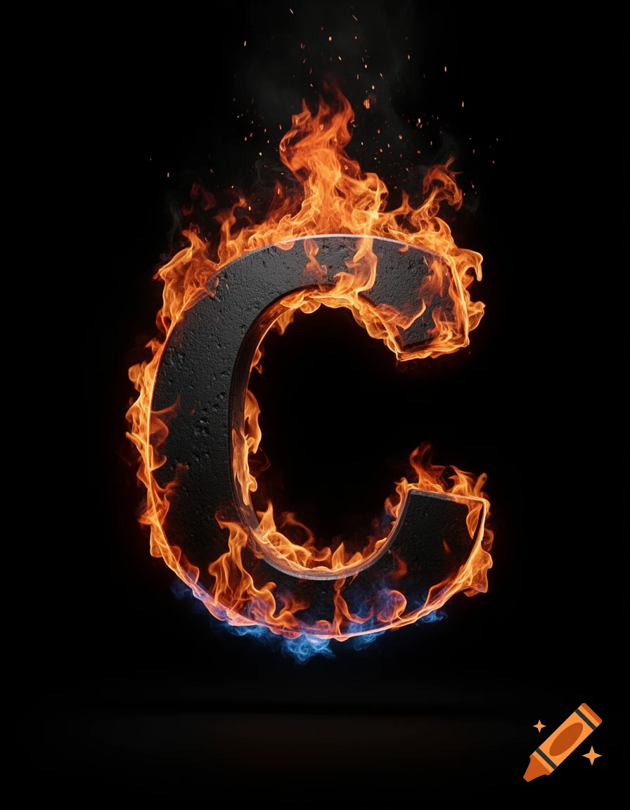 A black capital letter C engulfed in orange and blue flames, with sparks and smoke rising against a dark background.