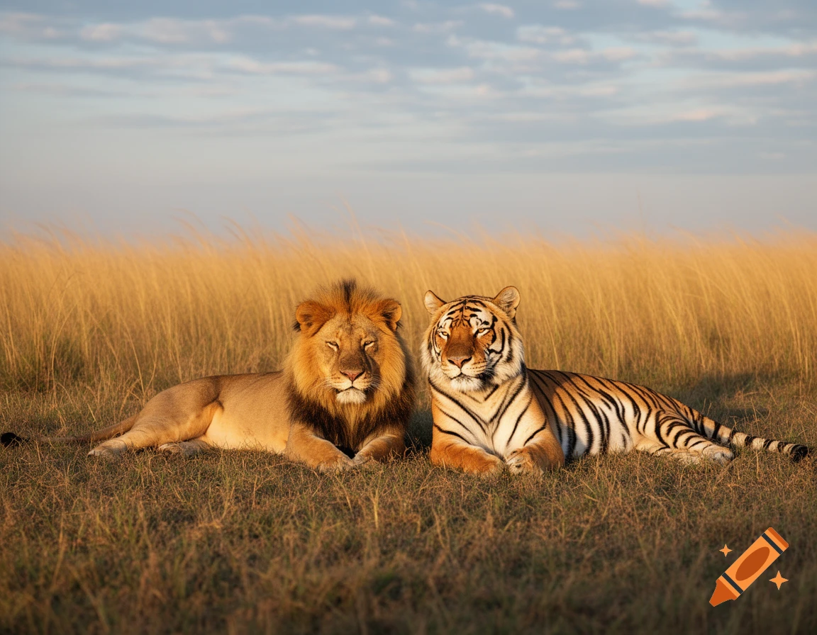 A lion and a tiger lie side-by-side in golden grass under a cloudy sky during sunset.