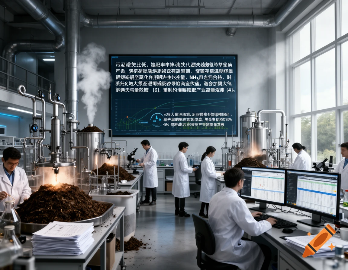 Scientists in a modern laboratory analyze compost piles and data displayed on a large screen and computer monitors.