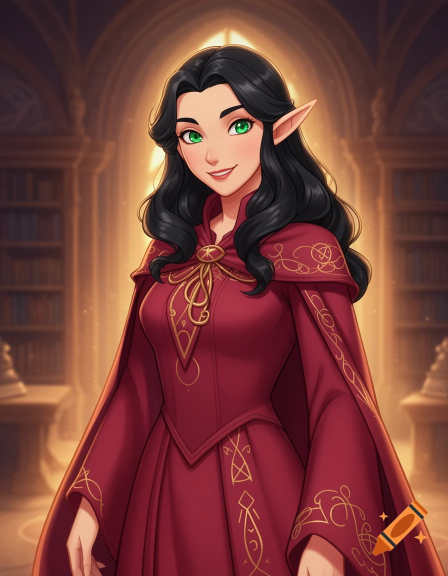 A smiling female elf wizard professor with black hair and green eyes wears a red robe with gold patterns in an anime style.