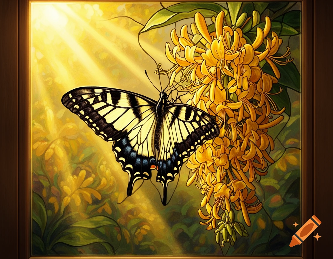 A stained-glass panel of an Eastern Tiger Swallowtail butterfly on yellow honeysuckle flowers with sun rays.