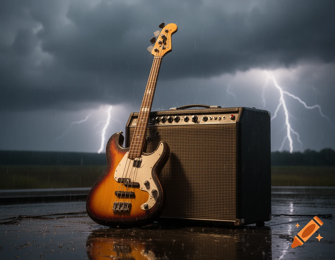 A sunburst bass guitar leans against a black amplifier outdoors in heavy rain during a thunderstorm with lightning flashes.