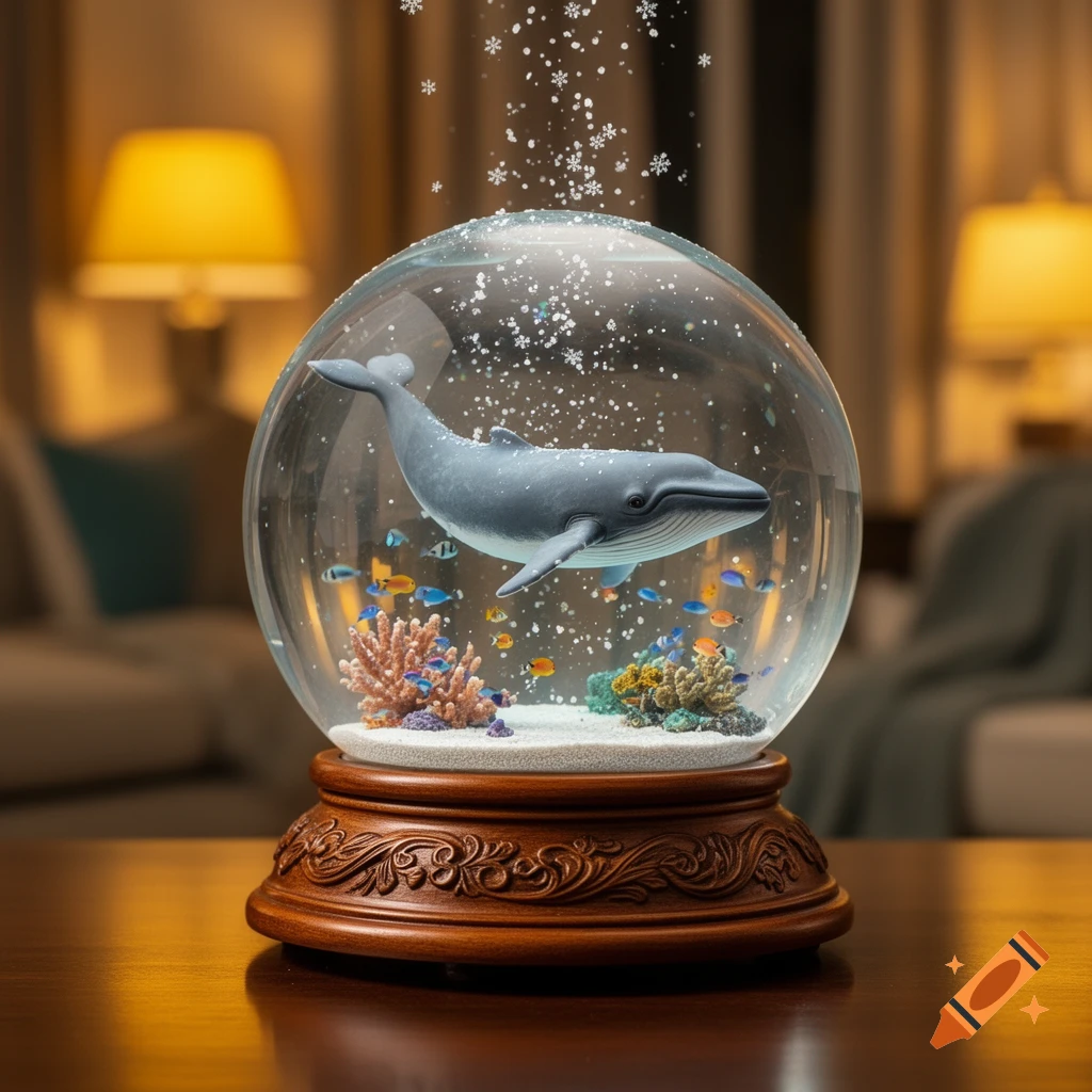 A detailed snow globe with a blue whale, coral, and colorful fish inside, on a wooden base with snowflakes falling, against a blurred indoor background.