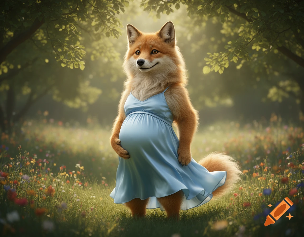 A pregnant anthropomorphic fox in a light blue maternity dress stands in a sunny forest clearing filled with wildflowers.
