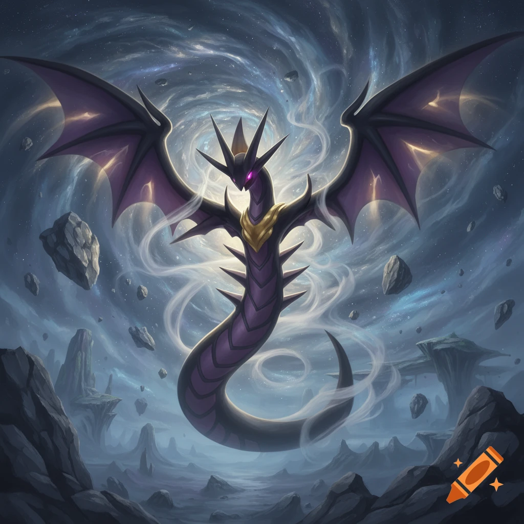 A majestic black and purple winged dragon-like creature with glowing ...