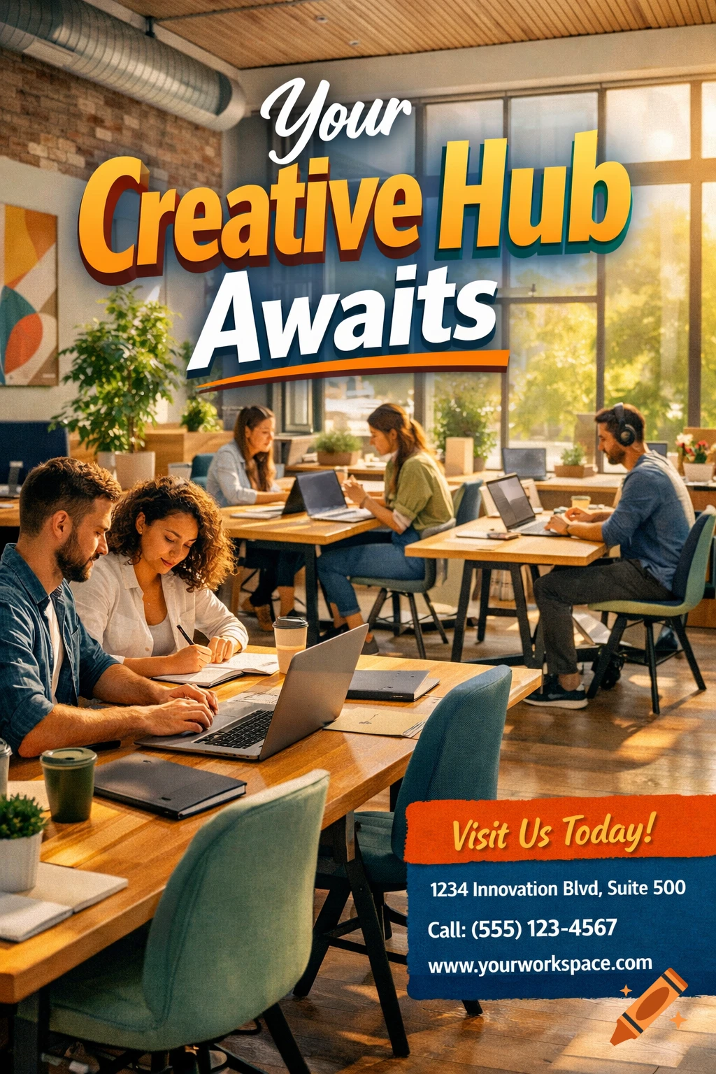 Modern coworking space flyer with diverse professionals working on laptops and taking notes, featuring the headline 'Your Creative Hub Awaits'.