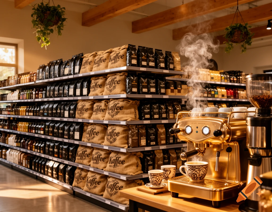 A modern coffee store interior with shelves stocked with bags of coffee and a golden espresso machine steaming on a wooden counter.
