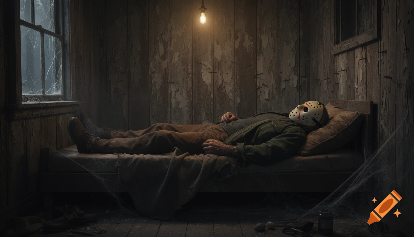 Photorealistic image of Jason Vorhees lying on a bed in a dimly lit, dilapidated room with wooden walls and a cracked window.