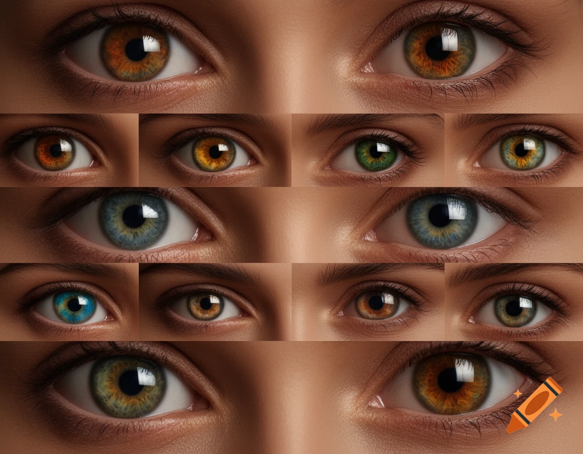 A close-up collage of several realistic human eyes with different iris colors, including brown, green, and blue.
