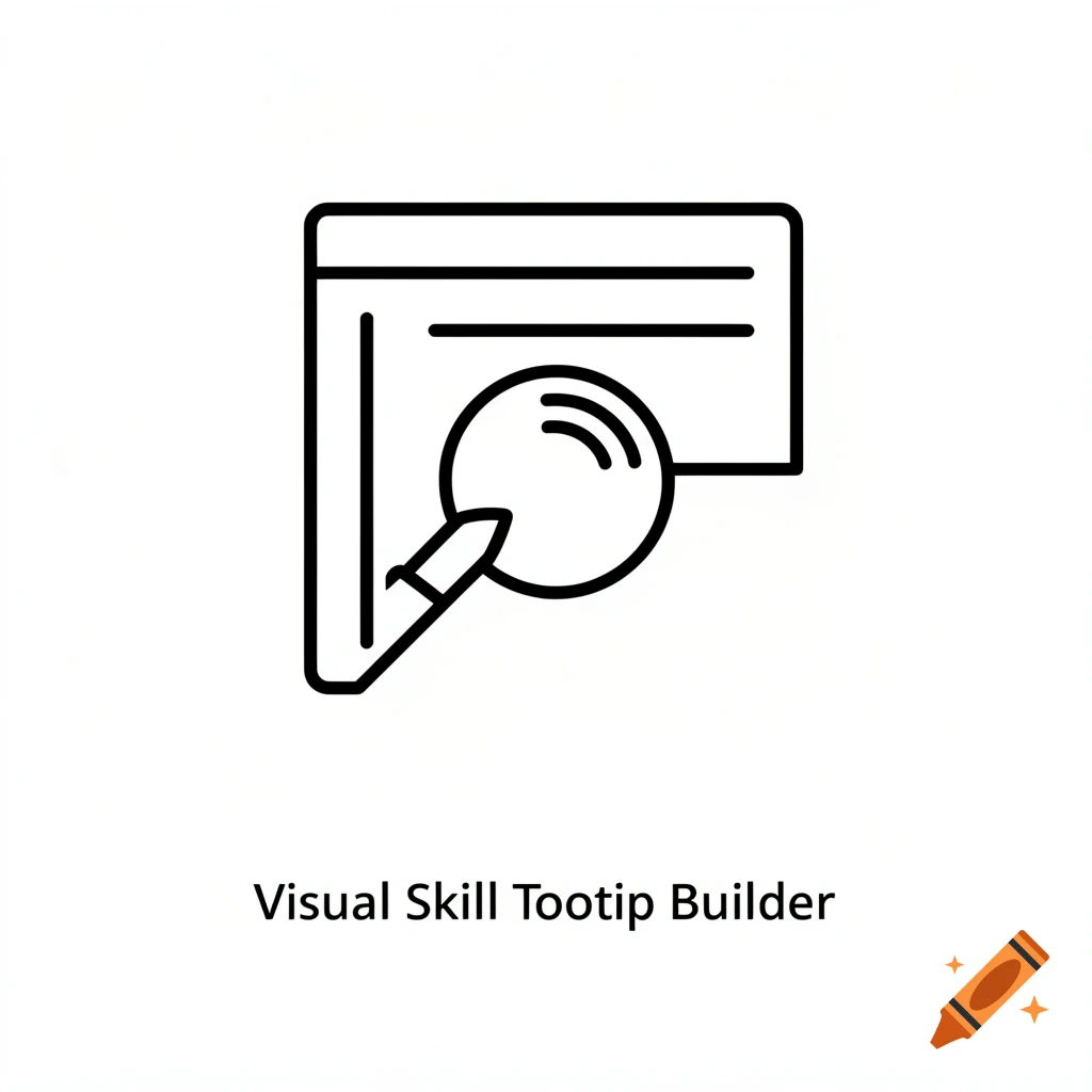Minimal black and white UI icon of a document, magnifying glass, and pen, with the text 'Visual Skill Tootip Builder'.