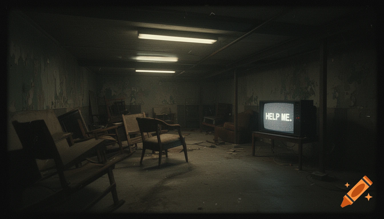 A dark, dilapidated room with scattered old chairs and a TV displaying 'HELP ME.' on its static screen, evoking found footage horror.