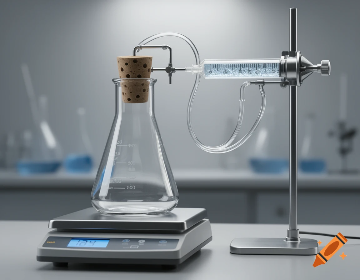 A scientific setup with an Erlenmeyer flask on a digital scale, connected by tubing to a syringe filled with gas on a stand.